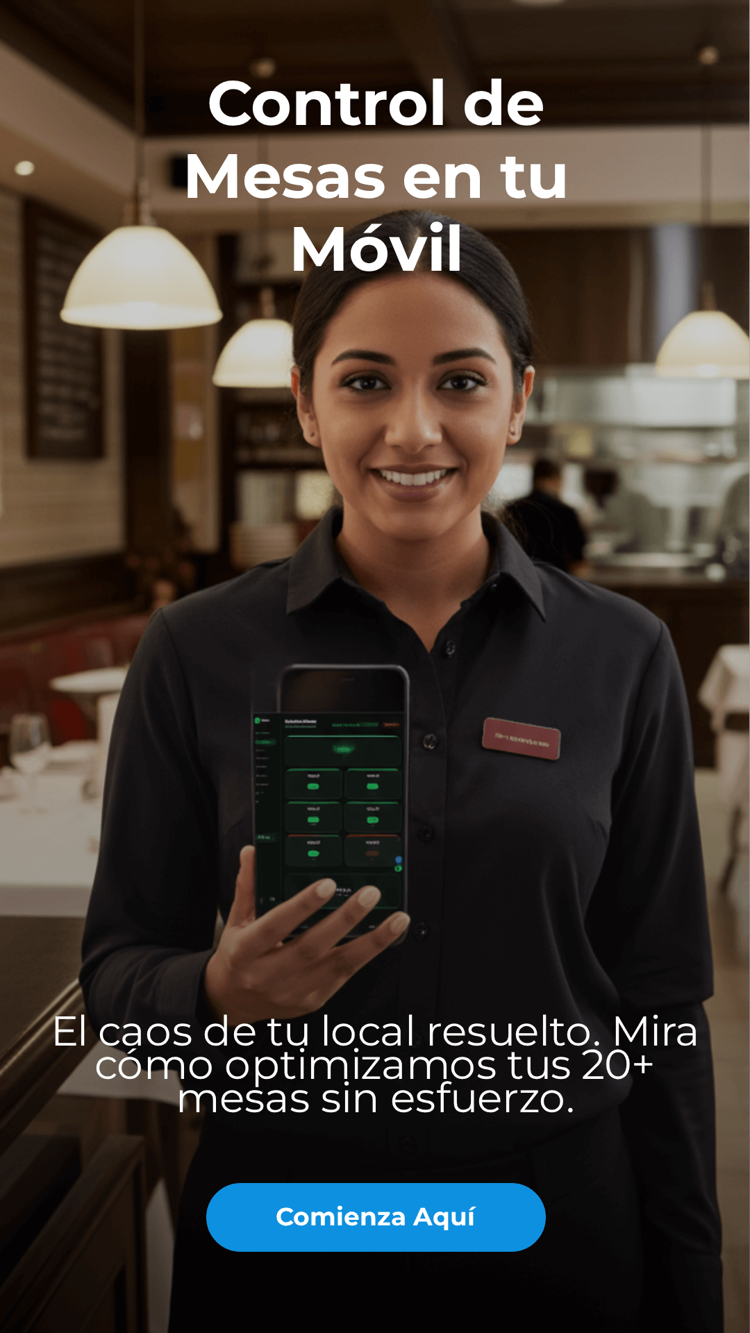 Panel de gestión de mesas en tiempo real con colores por estado